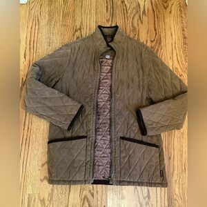 Barbour Polarquilt Brown Barn Coat Chore Jacket‎ Sz. 8 Women’s Zip Pockets Trim